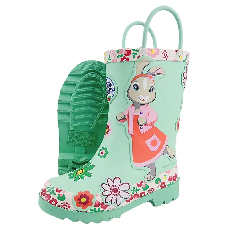 Botas de chuva divertidas com alças fáceis para crianças e crianças, botas de chuva infantis estampadas, botas de chuva e lama