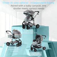 Poussette convertible 3 en 1 réversible avec berceau, cadre triangulaire, suspension à double ressort, pliage en un clic pour nouveau-nés et tout-petits
