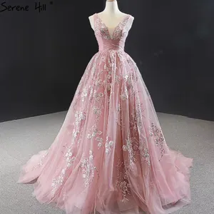 粉色a线手工花卉婚纱2021宁静的山丘HM66971优雅公主v领无袖新娘派对礼服