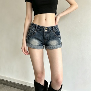 Ins Street Style Vintage Low Waist Washed Cuff Double <b>Button</b> <b>Jeans</b> Hot Girl Low Rise Fashion Crop Denim Shorts - Product Image 5