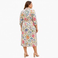 Robe chemise midi grande taille 180 GSM en viscose à imprimé floral avec col et ceinture, idéale pour les fêtes en jardin, fabrication britannique (OEM) 1X-5X