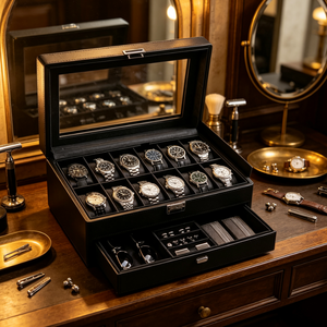 Caja Organizadora de Relojes Negra de Lujo con Tapa de Cristal Transparente, 12 Ranuras para Relojes, Almacenamiento en Cajón para Gafas, Joyas y Colección de Relojes - Product Image 2