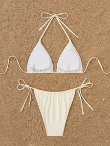 Bikini Triangular Bordado con Palmeras para Mujer al por Mayor, con Tirantes Halter y Lateral Atado, Traje de Baño Atrevido, Ropa de Playa, Logotipo Personalizado, Fabricante OEM - Product Image 4