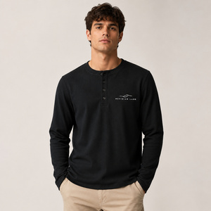 <span class=keywords><strong>Maglietta</strong></span> <span class=keywords><strong>Termica</strong></span> <span class=keywords><strong>Nera</strong></span> di Alta Qualità per Uomo, Produzione OEM, Ricamo Personalizzato, Tessuto Waffle, Manica Lunga Stile Henley - Product Image 3