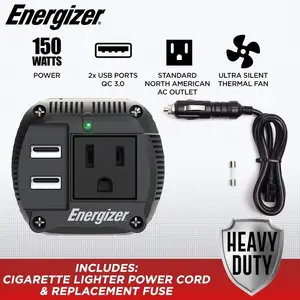 Energizer Inverter Daya Mobil 150W, Inverter Daya 30W USB DC 12V Ke AC 110V 220V 50/60Hz