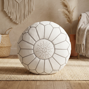 Handmade Round Embroidered Pouf <b>Cushion</b> <b>Cover</b> Genuine <b>Leather</b> Zipper Closure Customizable Bohemian Style Home Decor - Product Image 1