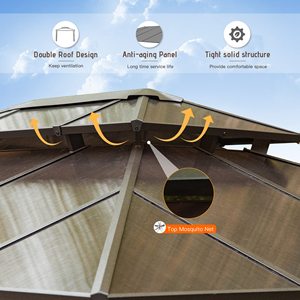 Gazebo de techo rígido Marco de aluminio Policarbonato Techo doble Cubierta de madera para patio Dosel para césped Metal permanente para exteriores - Product Image 5