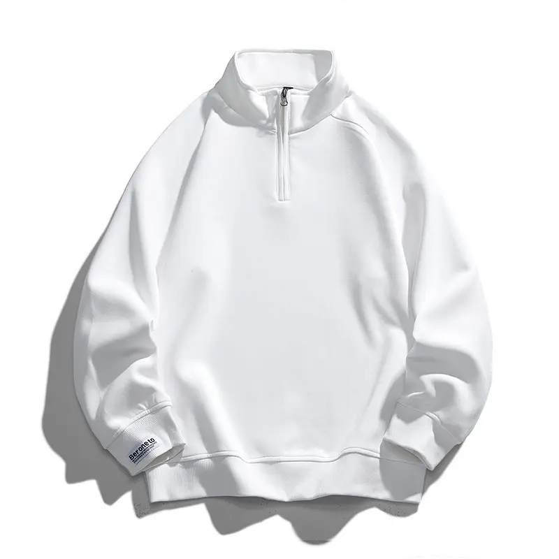 Sweat-shirt homme blanc en vrac, sweat-shirt personnalisé français éponge quart Zip pull Zip Neck tissu tissé blanc tricoté uni teint