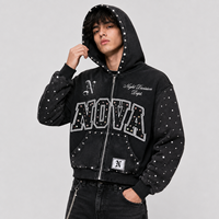 Sweat à capuche zippé noir surdimensionné pour homme, en coton personnalisé, avec strass thermocollants, imprimé numérique, délavé à l'acide, pour l'hiver