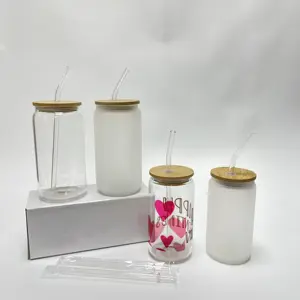 US Classic 12oz 16oz trasparente smerigliato sublimazione tazza vuota soda caffè birra può sublimazione vetro con coperchio di bambù e cannuccia di vetro