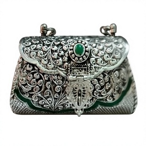 Handmade Metal Flap Clutch With Green Stone And Filigree Design Elegant Evening Party <b>Bag</b> - Product Image 1