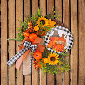 Pour <span class=keywords><strong>Amazon</strong></span> Hong Kong Nouveau pour l'amour <span class=keywords><strong>Porte</strong></span> en bois Couronne suspendue Thanksgiving Tournesol Automne Citrouille Simulation <span class=keywords><strong>Plante</strong></span> élégante - Product Image 1