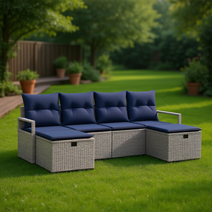 Ensemble de jardin en polyrotin gris 6 pièces avec coussins manuels, ensemble de canapés d'extérieur, style contemporain - Product Image 2