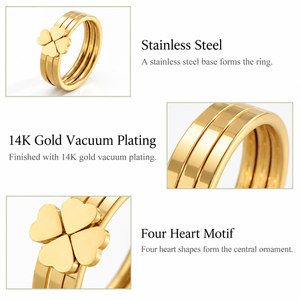 Anillo de Trébol de Cuatro Corazones en Acero Inoxidable con Baño de Oro de 14K, Joyería con Motivo de Cuatro Corazones - Product Image 4