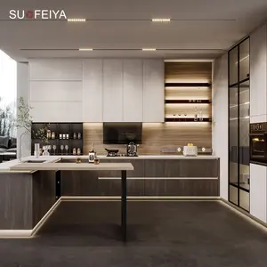 Custom Italian Prefab House Glass Kitchen Cabinets Modern Island Kitchen Design Sets Cuisine Complete