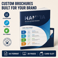 Brochure promotionnelle A4 personnalisée pour recrutement de vendeurs e-commerce transfrontaliers, avec infographique et reliure piquée à cheval, pour un intégration rapide