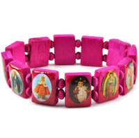 Bracelet catholique en bois extensible élastique avec images de saints religieux jésus et chapelet baptême en bois chrétien 1ère