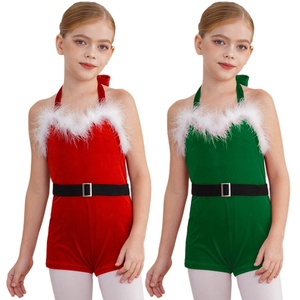 Combinaison de danse en velours pour filles de 6 à 16 ans, avec garniture en fausse fourrure, col halter et ceinture, idéale pour les fêtes, spectacles et récitals, personnalisable - Product Image 1