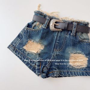 Shorts in denim da <span class=keywords><strong>bambina</strong></span> per l'estate 2026, freschi e distressed, con cintura, per bambine - Product Image 5