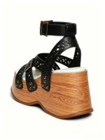 Sandales compensées rétro en bois style punk pour femme avec bride de cheville réglable en plastique et talon épais – Chaussures décontractées toutes saisons