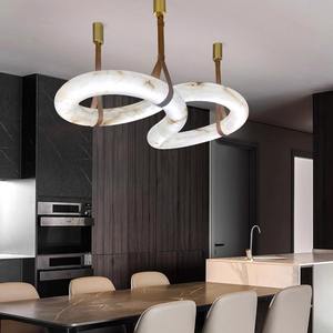 Lustre moderne de luxe à lumière LED décoratif marbre laiton haut plafond pendentif albâtre naturel <span class=keywords><strong>colonne</strong></span> ovale contemporain - Product Image 2