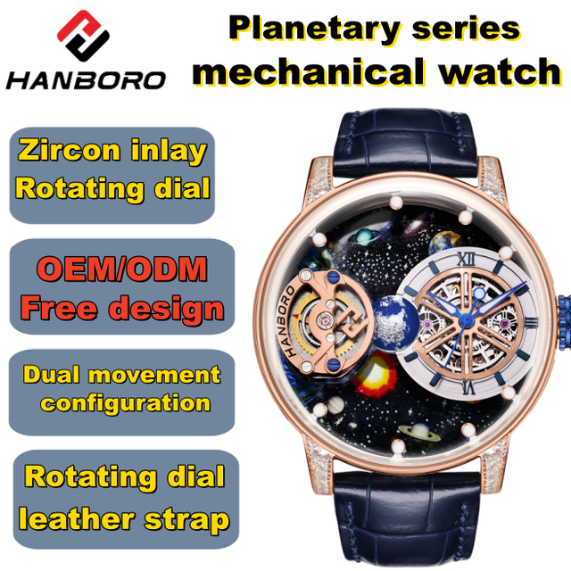 Dual Movement Automatic Watch for Men Luxury Astronomical Glass Dial Rotating Balance Wheel Skeleton Mechanical Customizable