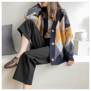 Femmes automne hiver 2023 manches bouffantes chandails décontracté ample col en v simple boutonnage <span class=keywords><strong>Plaid</strong></span> Cardigans - Product Image 3