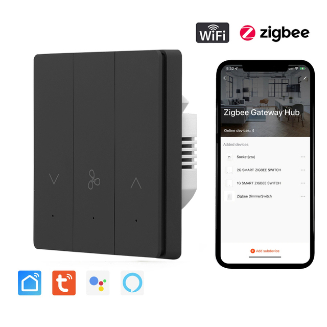 Mvava PC Material EU WIFI Zigbee for Smart Life 4-way Push Button Reset Ceiling Fan Controller Rotary Remote Smart Dimmer Wall