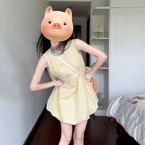 Yellow Sleeveless Suspender Dress For Women Natural Waist Tulip Skirt Solid Color Beach Vacation Look - Product Image 2