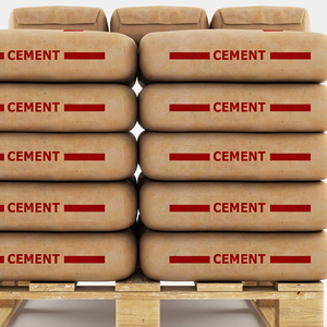 Achetez des sacs de ciment Portland empilés sur une palette, emballage brun, étiquette rouge - Product Image 1