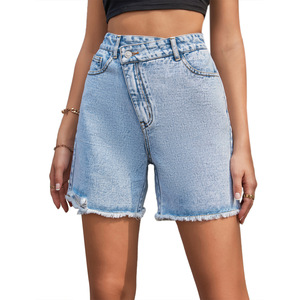 Short en jean vintage taille haute pour femme, coupe droite, délavé aux enzymes, effet amincissant, bords effilochés, en polyester/coton - Product Image 2