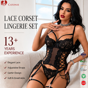 Ensemble de lingerie noire en dentelle pour femme, comprenant un haut bustier, une culotte et des jarretelles à lacets latéraux, en maille transparente, trois pièces, sous-vêtements intimes - Product Image 1