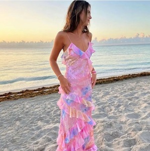 Robe de soirée pour femme, sans manches, dos nu, à volants, imprimé floral, style licou, coupe ajustée, <span class=keywords><strong>sexy</strong></span>, décontractée, pour la plage et les voyages - Product Image 1