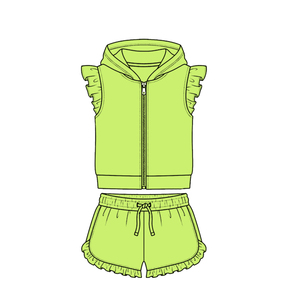 Conjunto de Ropa al por Mayor para Niñas Pequeñas, Diseño Personalizado, Sudadera con Capucha de Color Amarillo Sólido y Mangas con Volantes, Top con Cierre y Pantalones Cortos - Product Image 6