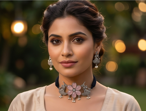 DIVYORO Designer Oxidized <b>Silver</b> Floral <b>Choker</b> Set with Pink Stone Pendant Style Necklace and Earrings Fashion Jewelry Set - Product Image 1