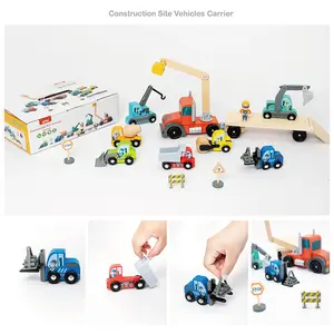 Vehículos de construcción de madera con remolque 14 PCS Set Vehicle Toys Cars para niños pequeños