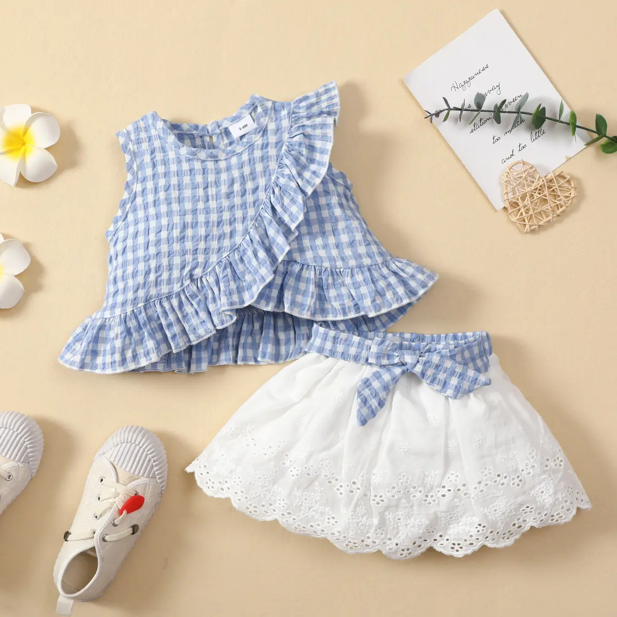 Ensemble 2 pièces de vêtements enfants, haut à volants sans manches, jupe à carreaux pour enfants, 2 pièces/ensemble, belles robes pour bébés