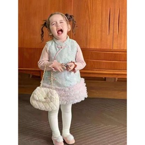 Tongxingyuan Girls Chinese Style Tang Suit Two Piece Princess Dress With Lace Trim And Knot Buttons For New Year - Product Image 3