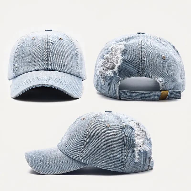 Nieuwe Trend 2023 Groothandel Vintage Distressed Baseballpet Custom Effen Blanco Gescheurde Vintage Denim Baseball Dad Cap Voor Dames Heren