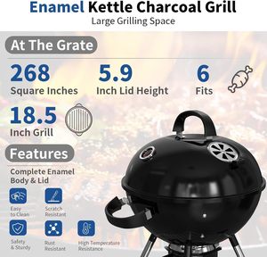 Portable Black <b>BBQ</b> Grill Adjustable Fan Small <b>Kettle</b> Smoker Easy-to-Light <b>Charcoal</b>/Wood Fire Pit for Outdoor Powder Coated - Product Image 4