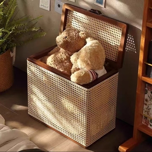 Noordse Wabi Sabi stijl meubels massief houten rotan opbergbox grote geweven opbergmand met deksel geweven mand opbergmand - Product Image 4