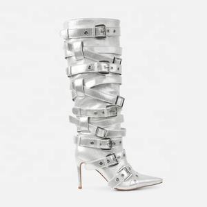 Yeni tasarım deri <span class=keywords><strong>Strappy</strong></span> toka kadın Stiletto diz yüksek çizmeler - Product Image 4