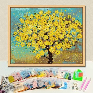 Peinture Diamant Fleurs de Prunier Dorées, Arbre Jaune, Kit DIY avec Cadre, Style Paysage Rectangulaire, Perles Rondes en Cristal et Strass - Product Image 1