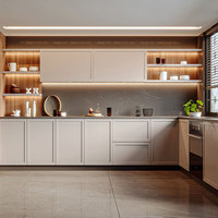 Ensemble de meubles de cuisine modernes en bois, modulaires et sur mesure, en forme de L, avec portes, comptoir en marbre et robinet - Ensemble de meubles en contreplaqué écologique