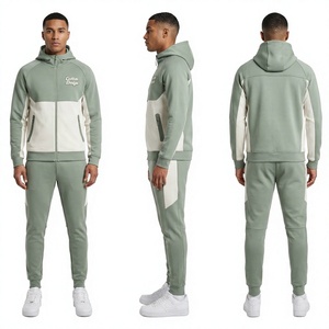 Men's Green White Color Block Hooded Tracksuit Set Full Sleeve Zipper Casual Autumn Wear <b>Polyester</b> Regular Fit <b>Joggers</b> - Product Image 1