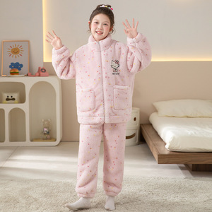Pijamas de dibujos animados de invierno para niños, forro <span class=keywords><strong>polar</strong></span> Coral, cuello de franela para niñas, manga larga, largo completo, grueso, cálido, <span class=keywords><strong>pijama</strong></span> para mujer - Product Image 4