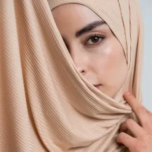 イスラム教徒のニットストレッチソフトコットンリブ付きヒジャーブスカーフ女性無地ヘッドラップ女性レディーススカーフHW441