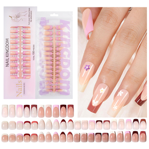 Venta al por Mayor de <span class=keywords><strong>Uñas</strong></span> Acrílicas Postizas Personalizadas 150 Piezas Cobertura Completa Cuadradas a Presión Estilo Francés Marrón con Diseño de Ataúd para Dedos - Product Image 2
