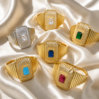 Bague Statement en Laiton Plaqué Or 18K avec Pierre Rectangulaire en Zircon Cubique, Bague Large Côtelée et Massif pour Femmes et Hommes