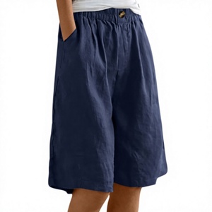 Shorts en lin et coton tissé taille haute pour femme, coupe ample, décontractés, couleur unie, style utilitaire, bas de tenue d'été - Product Image 2